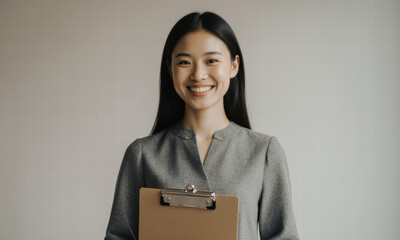 Professional Asian Woman Smiling Holding Clipboard