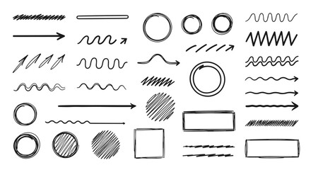 A collection of hand drawn scribbled shapes and lines for design elements.