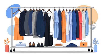 A diverse collection of formal wear and casual outfits displayed on a clothing rack.
