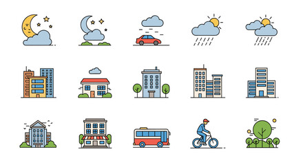 A collection of urban and weather related pixel art icons depicting various elements.