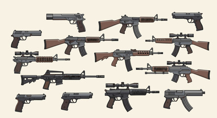 A collection of various handguns and rifles arranged in a grid formation.