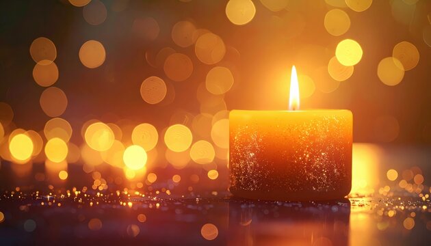 Glowing candle illuminates a soft bokeh background with warm golden tones, creating a peaceful and serene ambiance filled with light and a touch of magic, evoking feelings of tranquility and comfort.