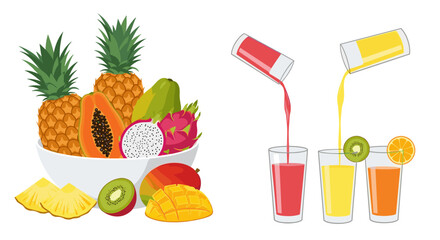 A vibrant assortment of fresh tropical fruits and freshly squeezed juices.