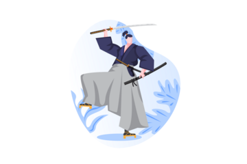 Pixel Art Samurai Warrior in Dark Blue Kimono with Dual Katanas on Transparent Background