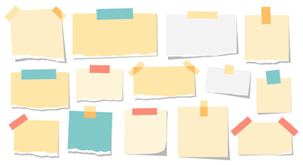 A collection of blank sticky notes and paper sheets attached to a white surface with colorful tape.