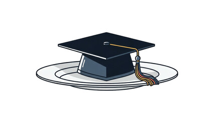 graduation cap sits on a white plate, symbolizing the culmination of academic study and the transition to a new phase of life.