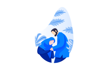 Pixelated Illustration of a Supportive Couple in Blue Outfits on Transparent Background