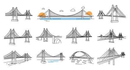 A diverse collection of suspension bridge illustrations with varying designs and structural elements.