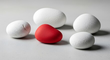 One red stone stands out among white stones on a gray background.