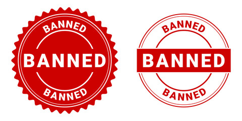 Banned red stamp seal with ribbon. Banned text inside round rubber label. Vector illustration