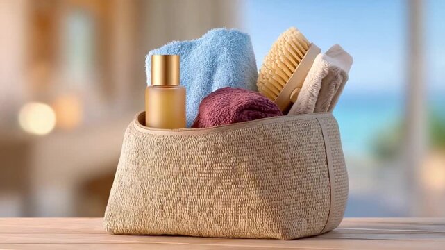 Spa-like Essentials: A serene collection of spa essentials, including soft towels, a massage brush, and aromatic oil, inviting a moment of relaxation and self-care.