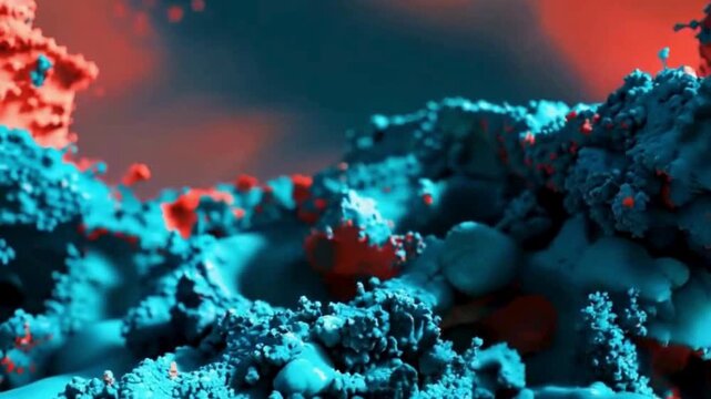 Abstract digital landscape with vibrant blue and red hues, showcasing a textured, otherworldly terrain with dynamic shapes and a surreal atmosphere.