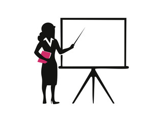 Silhouette of teacher pointing at board with book in hand