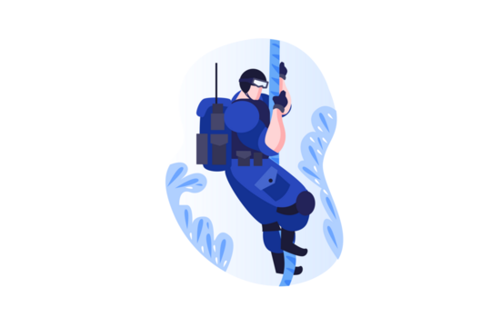 Pixelated Blue Clad Figure Descending Rope with Backpack on White Background - Powered by Adobe
