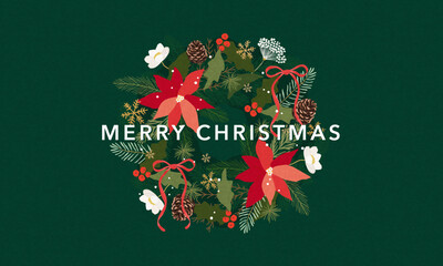 Merry Christmas greeting card, banner, poster, cover. Modern beautiful art design with hand drawn Christmas wreath with Poinsettia flowers, holly berries, fir branches, bows and snowflakes pattern.