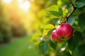 Obraz premium Golden sunlight illuminating ripe red apples hanging from a lush green apple tree branch