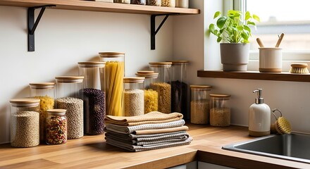Organized Kitchen Countertop with Pantry Staples and Eco-Friendly Essentials.