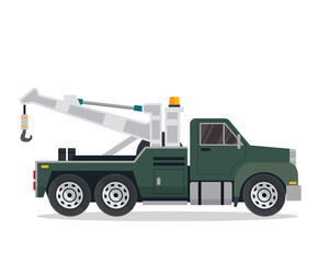 Pixelated Dark Green Tow Truck with White Boom Arm and Amber Beacon Isolated on Transparent...