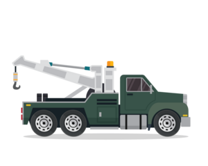 Pixelated Dark Green Tow Truck with White Boom Arm and Amber Beacon Isolated on Transparent Background