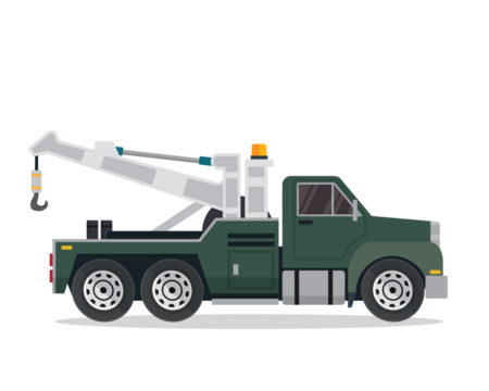 Pixelated Dark Green Tow Truck with White Boom Arm and Amber Beacon Isolated on Transparent Background