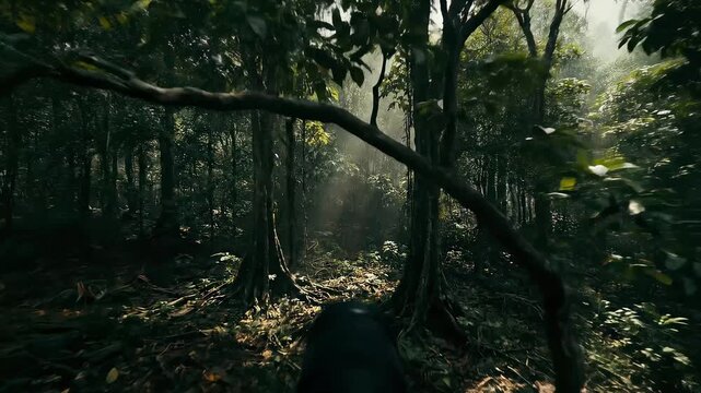 View from the inside of a dense tropical forest with sunlight