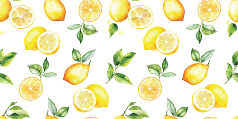 watercolor lemon fruit seamless pattern, whole and halved hand drawn illustration wallpaper background