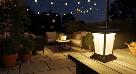 Outdoor patio lighting at night with string lights and lanterns.