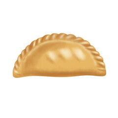 Digital art of a golden-brown empanada with a crimped edge, centered on a white background, illuminated softly, creating a warm, inviting, and appetizing mood.
