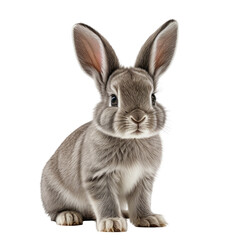 Obraz premium Gray rabbit posing; fluffy fur, upright ears, front view, isolated background