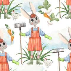 Seamless watercolor pattern with a rabbit with a rake