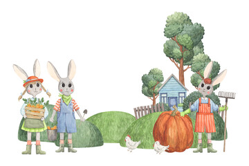 Watercolor frame with gardening rabbits and pumpkin