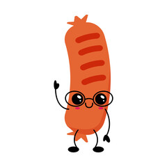 Funny kawaii sausage with glasses and cheerful cartoon style