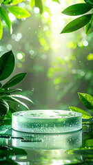 Product display on frosted glass, Soft droplet reflections with a blurred leafy green backdrop for a wellness theme