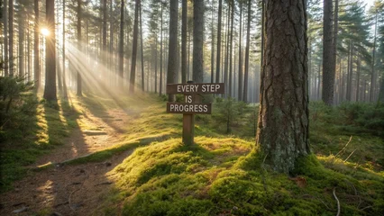 Acrylglasbilder Waldweg Inspirational forest pathway with sunlight rays shining through trees and motivational sign for progress in nature  © Aisyah