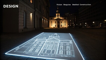 Glowing blueprint showing detailed building design on urban pavement at night