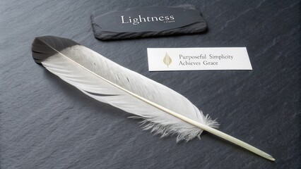 A white feather resting on a dark slate surface reflecting lightness