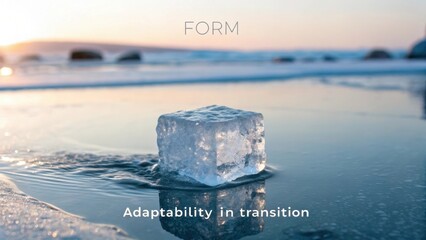A solitary ice cube resting on wet sand by the ocean at sunset