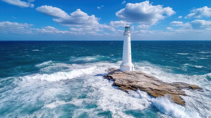 Historic lighthouse standing on rocky coast with waves crashing against shore