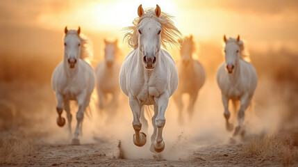 Obraz premium Majestic horses gallop through golden meadow, creating stunning scene of freedom and beauty