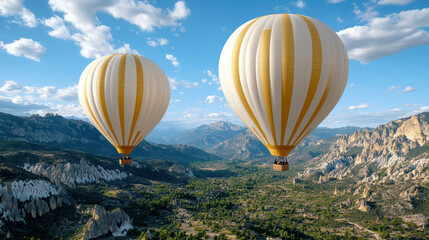 Naklejka premium Hot air balloons soaring above scenic valley, showcasing breathtaking landscapes and vibrant