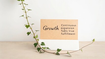 Inspirational card about growth displayed with a reaching green vine