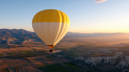 Obraz premium Hot air balloon soaring above scenic valley at sunset, showcasing stunning landscape beauty