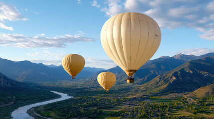 Obraz premium Hot air balloons floating above scenic valley with mountains and river. view is breathtaking