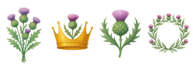 Thistle watercolor clipart with st. andrew day theme includes floral bouquet crown single flower and wreath in soft purple and green tones