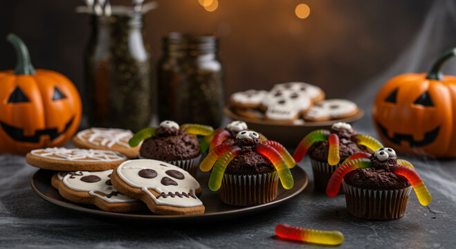 Halloween treats: cupcakes with gummy spiders, skull cookies, and pumpkins. - Powered by Adobe