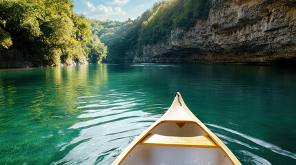 Fototapeta premium Serene kayak glides through tranquil emerald river canyon, surrounded by lush greenery