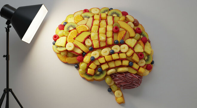 A creative arrangement of various fruits meticulously shaped to resemble the human brain, illuminated by a spotlight.