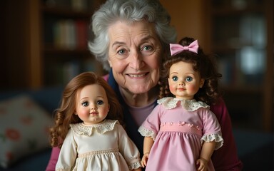Elderly woman holding two antique dolls. High quality