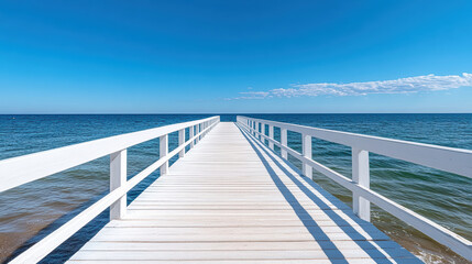 Obraz premium Long pier stretches into open sea under clear blue sky, creating serene atmosphere