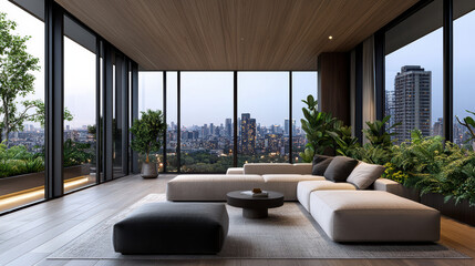 Fototapeta premium Luxurious living room with panoramic city views, modern furniture, and lush greenery